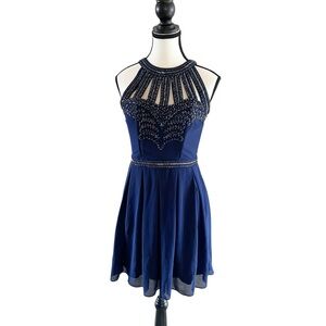 TFNC London Navy Beaded Embellished Halter Style Mini Dress Sheer Formal Small